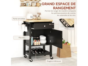 Desserte de cuisine à roulettes, chariot de service, plan de travail en bois d'hévéa, 63,5 x 40 x 90 cm, tiroir, noir