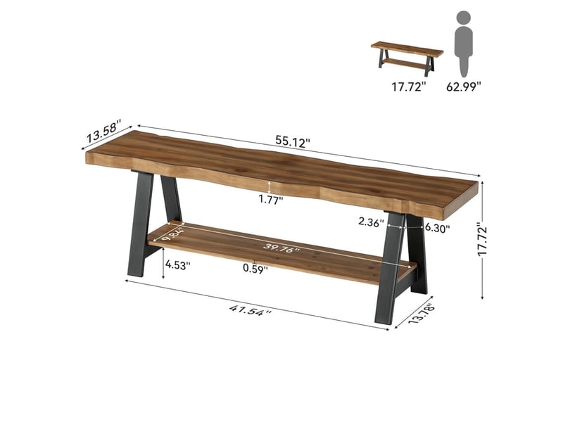  Banc à chaussures en bois massif avec bord naturel et 2 étagères, 160 cm, pour l'entrée  - Conforama C
