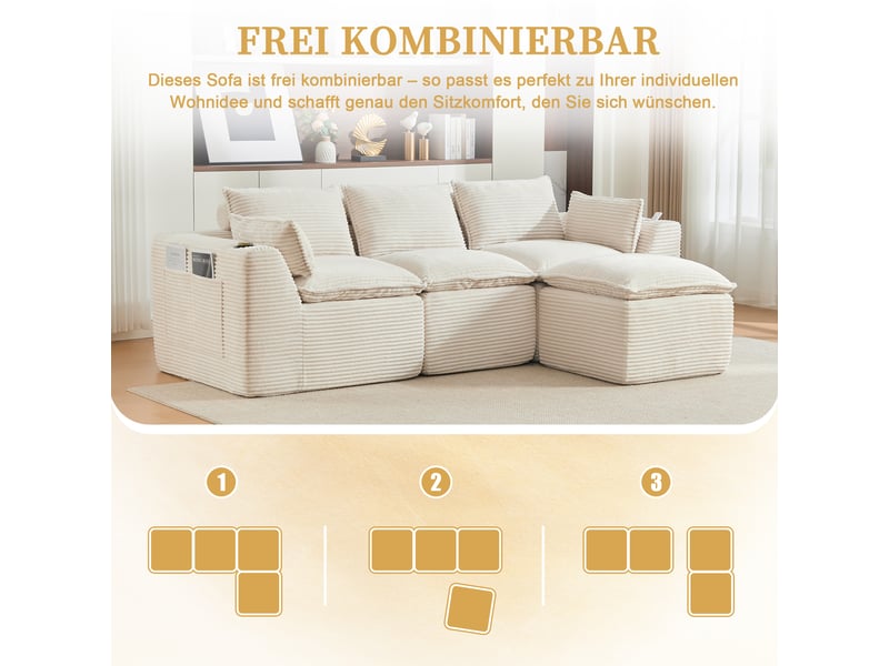  Canapé modulable 3 places en velours côtelé beige, avec pouf, 2 poches latérales, porte-gobelets, 256×161×75 cm  - Conforama E