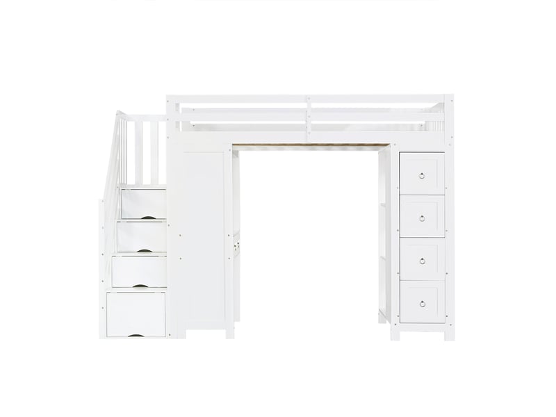 Lit mezzanine multifonctionnel pour enfants avec espace de rangement et coin lecture, lit superposé, table intégrée, tiroirs, étagères latérales, pin + mdf + panneaux de particules, blanc, 90 x 200 cm - Conforama D