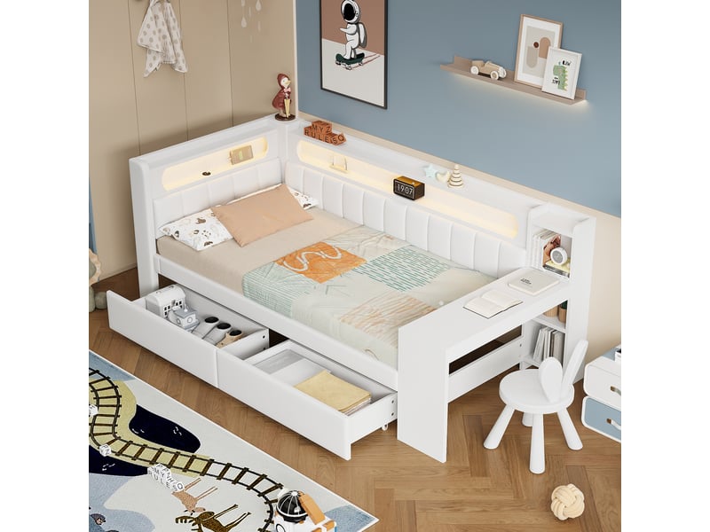  Lit avec rangement rembourré 90x200cm coloris blanc mdf led lit enfant blanc - Conforama B