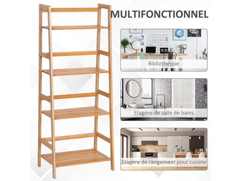  Etagère échelle en bambou 4 niveaux bibliothèque 48l x 31,5l x 120h cm style naturel  - Conforama E
