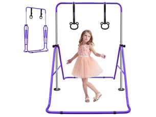 Barre de gymnastique pliable réglable enfant violette, 5 hauteurs et anneaux, pour entraînement à domicile