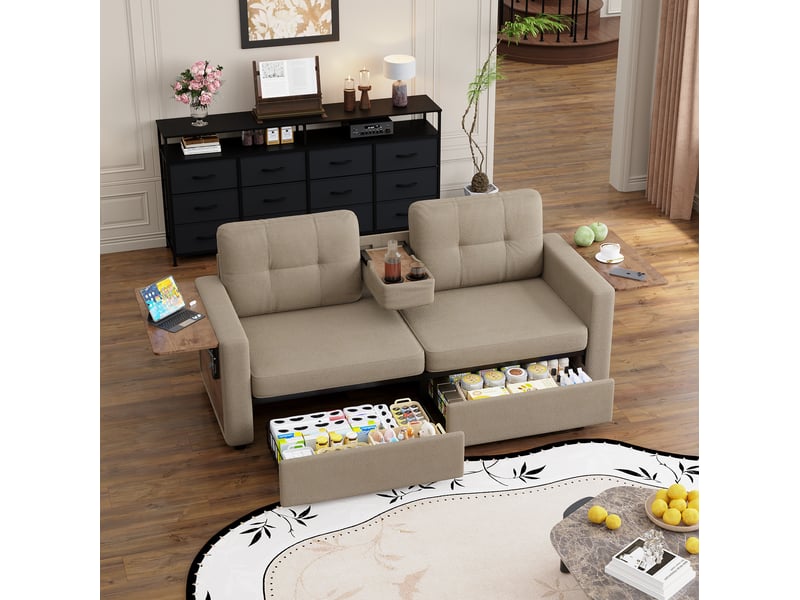  Canapé droit 2 places avec deux tiroirs, plateau rabattable et porte-gobelets en tissu chenille kaki  - Conforama E