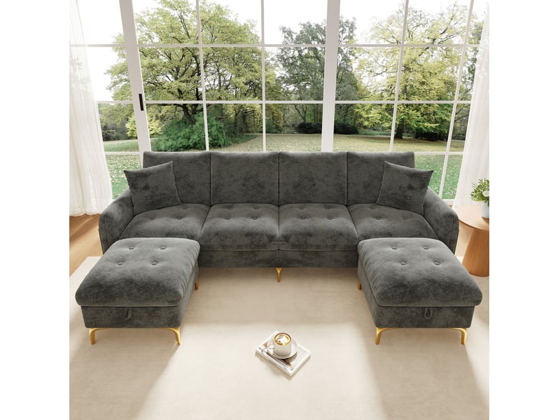  Canapé modulable en u 4 places 263x137x85 cm avec 2 poufs de rangement bois et métal gris  - Conforama C