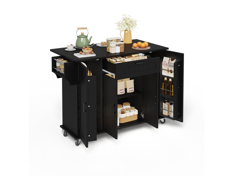  Desserte de cuisine noire 120x70x95 cm avec plateau rabattable, 4 portes  - Conforama A