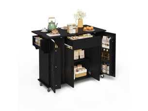 Desserte de cuisine noire 120x70x95 cm avec plateau rabattable, 4 portes