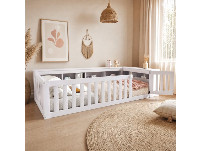  Lit au sol enfant 90 x 200 cm avec rangements, barrières et portillon blanc  - Conforama B
