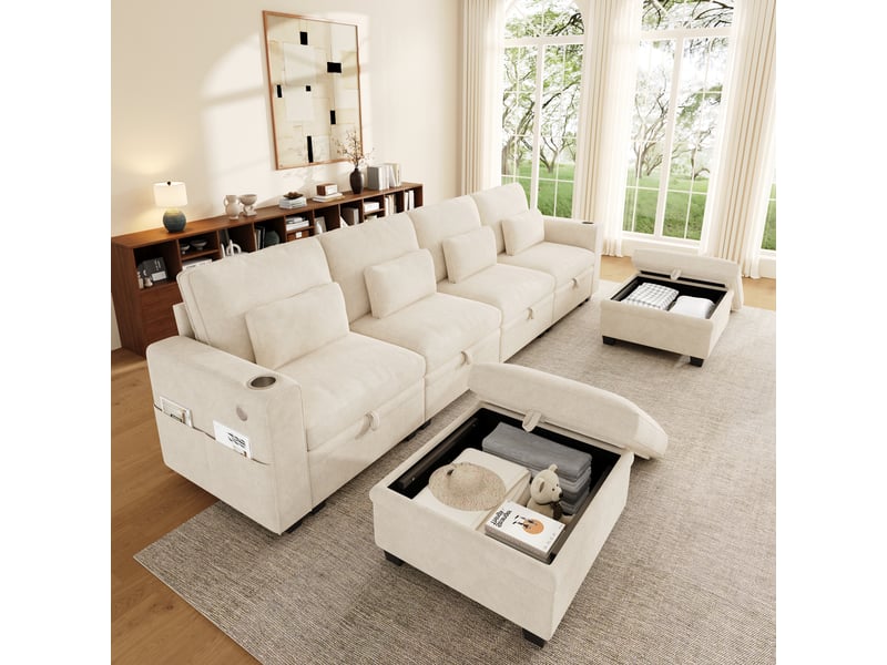  Canapé ul convertible beige 6 places 278 × 148,5 × 88 cm, rangement et usb-c Fay Lum - Conforama D