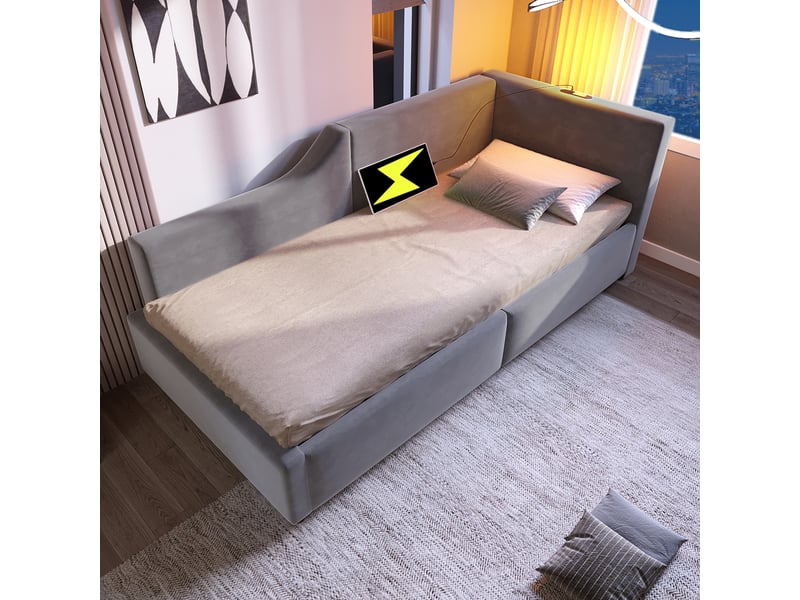 Lit banquette 90x190 cm avec coffre, velours gris - Conforama B