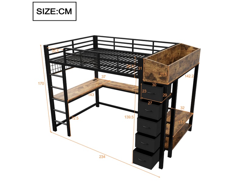 Lit mezzanine gaming 140 x 200 cm avec grand bureau, led multicolore, prises usbusb-c, 5 tiroirs en tissu et penderie en métal noir sans matelas - Conforama E