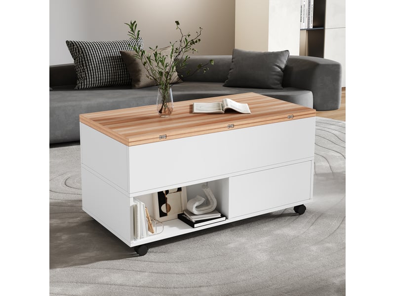  Table basse relevable extensible 100x100 cm avec 4 tiroirs et roulettes, rangement modulable, blanc et bois  - Conforama E