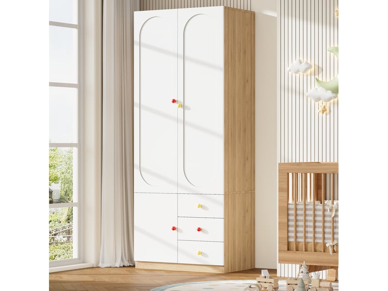  Armoire enfant modenvie 2 portes avec 3 tiroirs, penderie et étagères 80 x 50 x 200 cm, mdf blanc laqué  - Conforama D