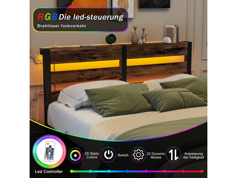  Lit 120x200 cm à cadre métallique avec led, ports usb et rangements intégrés, sans matelas  - Conforama E