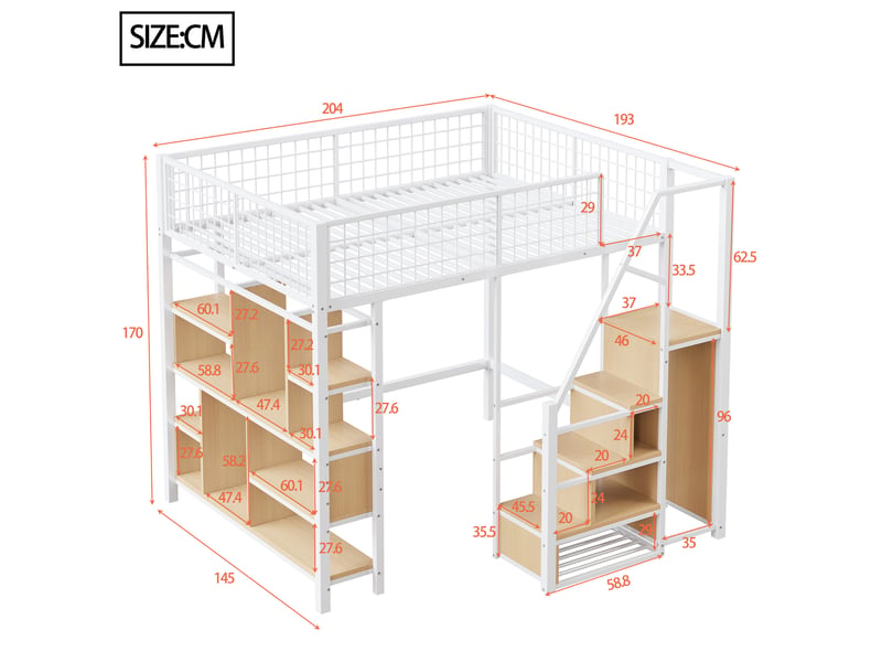  Lit mezzanine 140 x 200 cm en métal avec escalier de rangement, blanc, adulte et enfant  - Conforama C