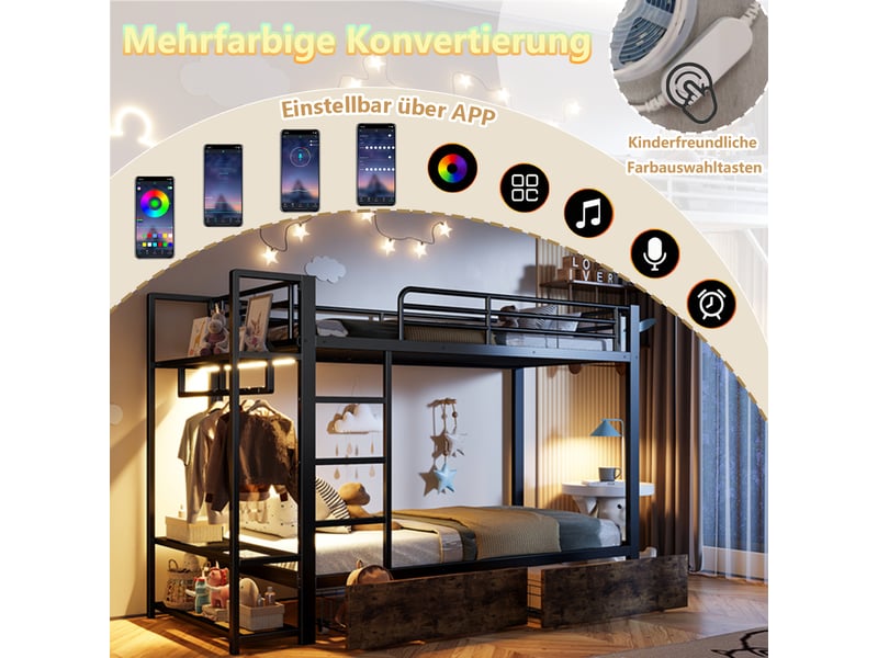  Lit superpose 90x200 cm avec bande lumineuse led et 2 tiroirs, lit enfant avec tringle à vêtements, lit 2 personnes en noir  - Conforama D
