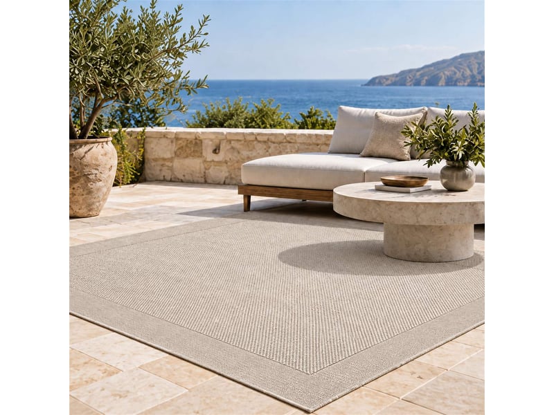 The white stone tapis extérieur avec bordure 140x200 cm tourterelle | pour intérieur et extérieur, résistant aux uv et à l'eau, lavable | tapis en polypropylène tissé à plat effet sisal  - Conforama C