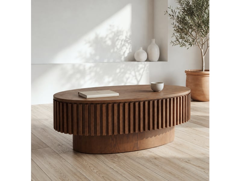  Table basse ovale avec rangement caché, mdf et placage bois, coloris noyer, 98 x 60 x 35 cm  - Conforama D