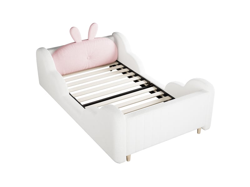  Lit enfant 90x200 cm avec coussin lapin et côtés nuage, peluche douce, mdf, blanc, sans matelas  - Conforama E