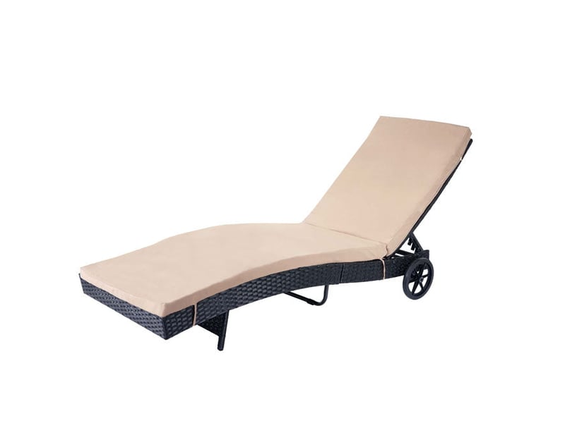  Chaise longue transat bain de soleil pour jardin terrasse en poly-rotin anthracite coussin beige 04_0004934  - Conforama B