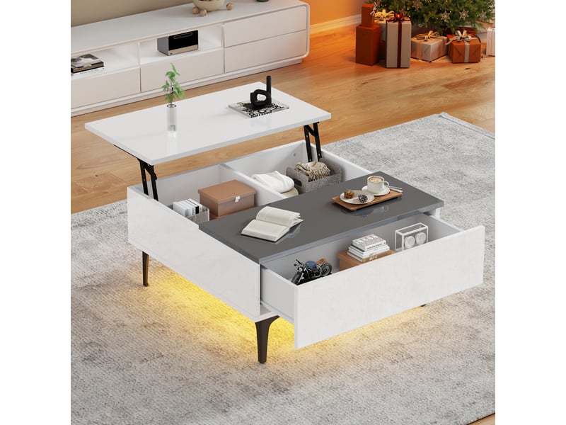  Table basse plateau relevable 70x70 cm blanc brillant avec éclairage led et espace de rangement caché  - Conforama C