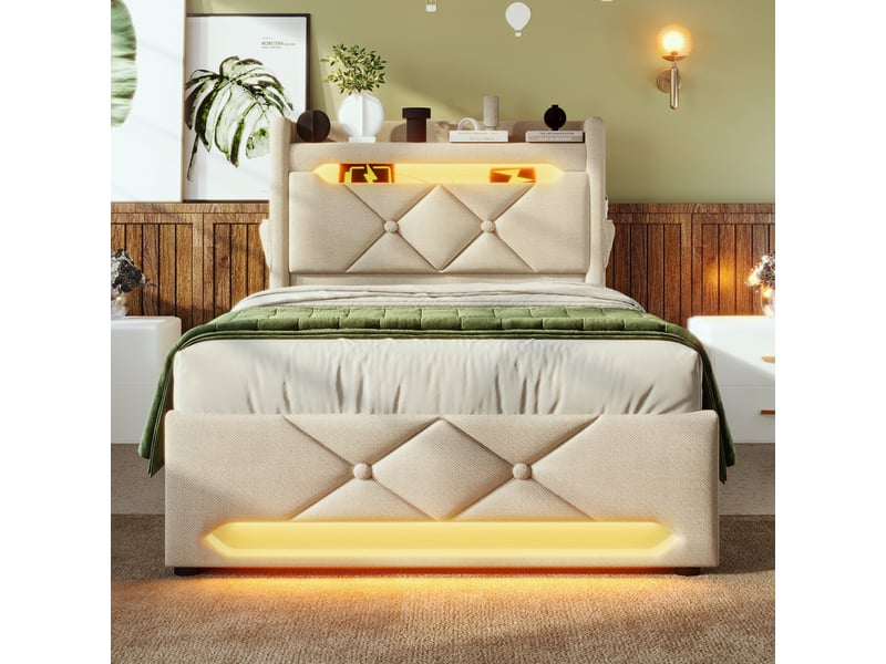 Lit enfant coffre 90x200 cm avec led, usb type-c et tête de lit avec rangement, sommier inclus, lin, beige, matelas inclus - Conforama W