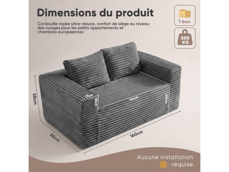 Canapé compact 2 places 160x88x58 cm, canapé de sol en mousse à assise profonde, pour appartement chambre bureau, velours côtelé, gris Sol Morn - Conforama C