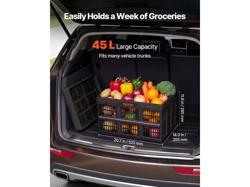  Vevor caisse plastique pliable 45 l lot de 3, cagette pliable avec poignees, charge max. 15 kg par caisse, bac de rangement empilable pour maison, camping, voiture et courses, organisateur de coffre  - Conforama B