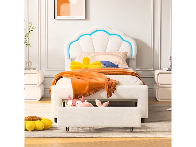 Lit 90x200cm - lit enfant 90x200 - lit simple rembourré velours en forme de fleur avec led rgb &amp; tiroir au pied du lit - blanc  - Conforama C