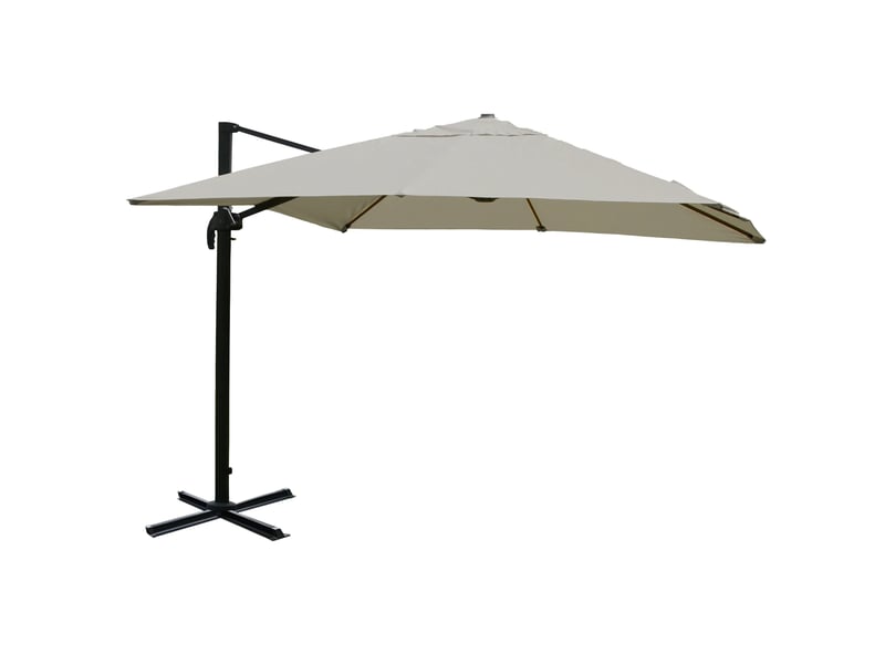  Parasol déporté 3 x 3 m rotatif à 360° avec base en croix et inclinaison réglable sans pied polyester crème gris et aluminium 04_0010701  - Conforama A