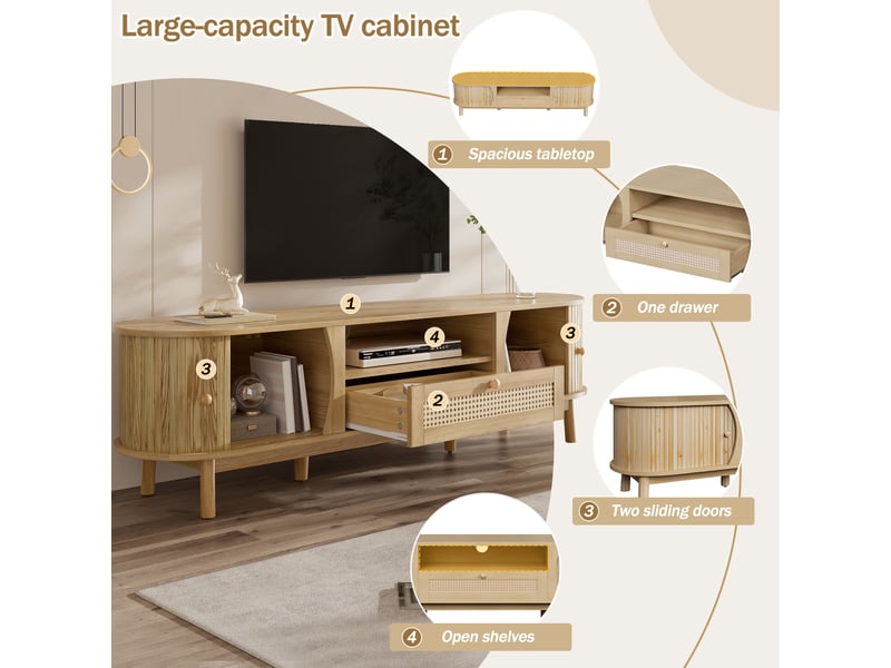  Meuble tv avec portes coulissantes, tiroirs en rotin et rangement ouvert pour salon, en mdf, naturel, 165×37×46 cm  - Conforama E