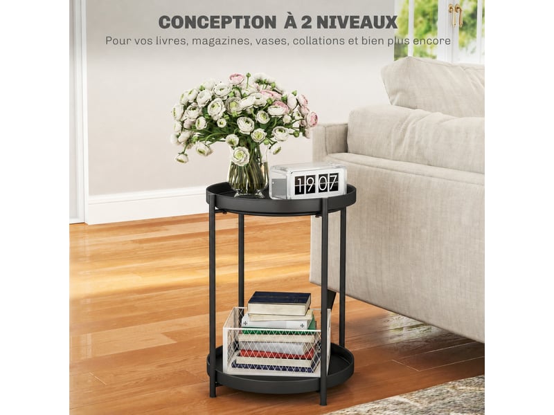 Table d'appoint ronde en acier, bout de canapé noir 2 niveaux, 44x44x56 cm  - Conforama E
