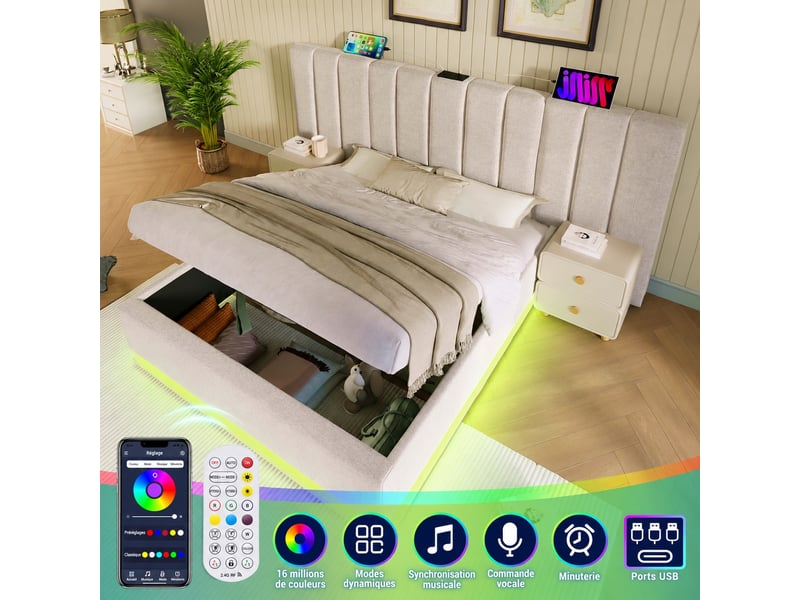 Lit coffre hydraulique 160x200 beige en lin avec led, usb-c et sommier à lattes - Conforama B