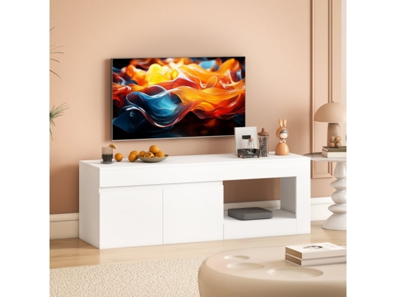 Meuble tv bas moderne blanc 140x40x48 cm, 2 portes, rangement ouvert, poignées, pour tv jusqu'à 60 pouces  - Conforama E