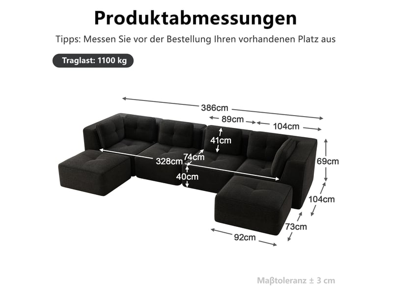  Canapé d’angle panoramique modulable convertible u 4 places en velours côtelé noir  - Conforama E