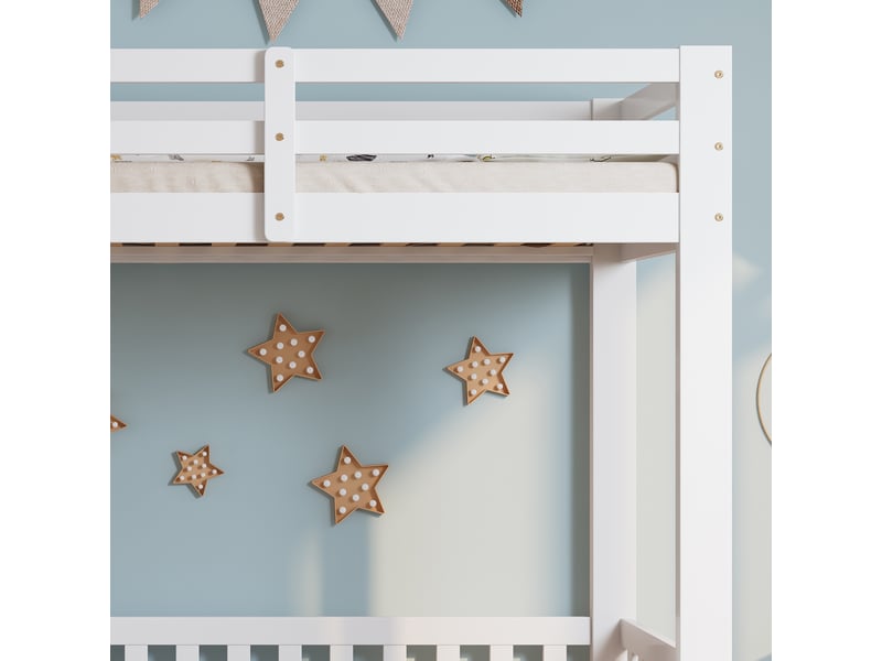  Lit superposé en bois massif blanc 90x200cm avec escalier droit, rampe, porte et espace libre sous le lit  - Conforama D