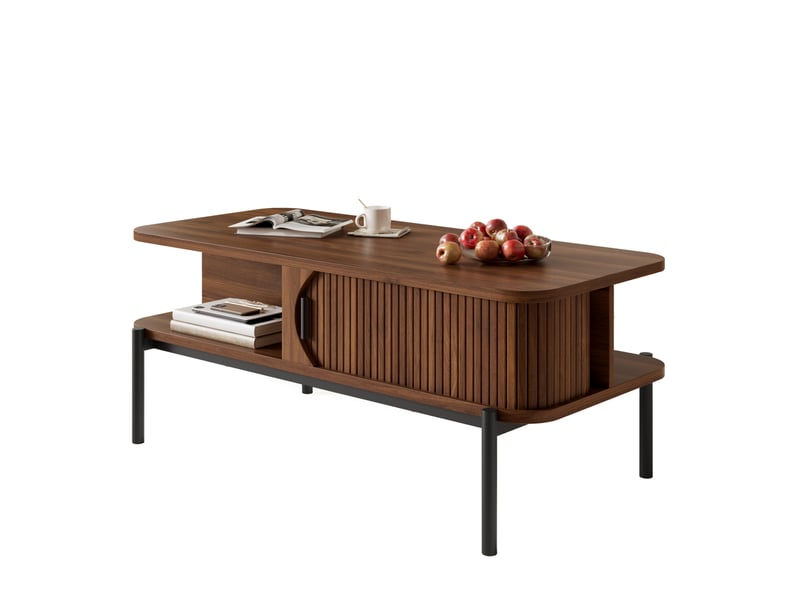  Table basse fixe avec 2 portes coulissantes, 2 niches et rangement fermé moderne en mdf noyer 100 × 45 × 43 cm  - Conforama A