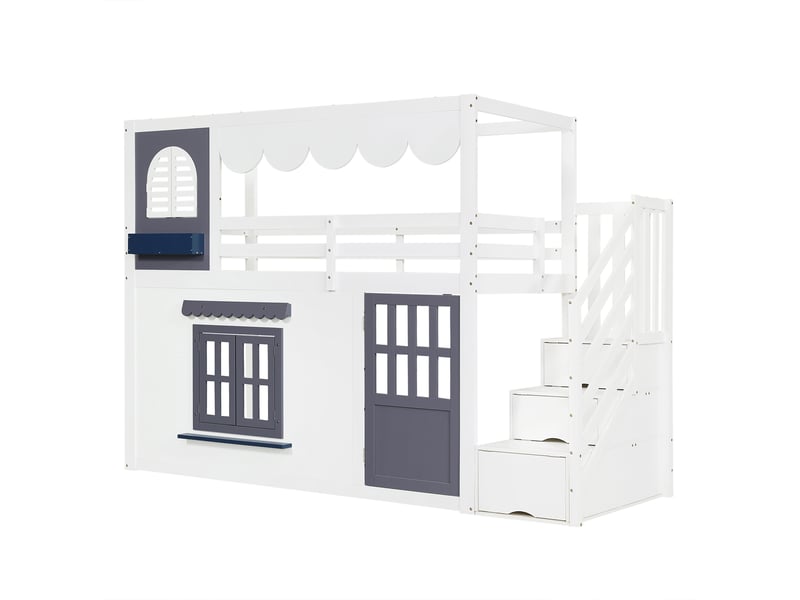  Lit mezzanine enfant 90x200 cm lit cabane lit adolescent lit simple en bois avec escalier de rangement porte fenêtres ouvrantes  - Conforama A