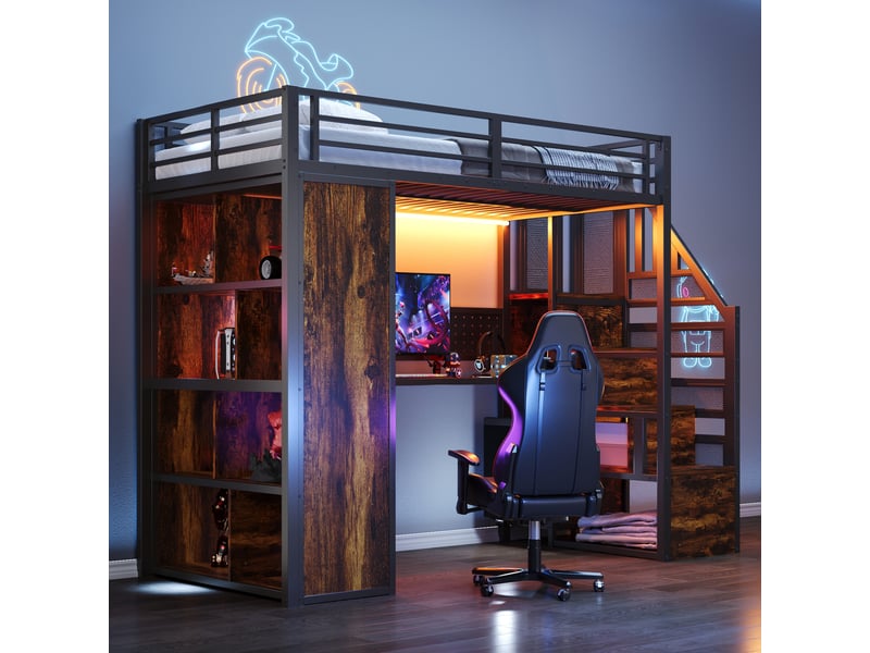 Lit mezzanine 1 place avec escalier de rangement, armoire, bureau et led 90×200 cm, sans matelas, noir - Conforama D