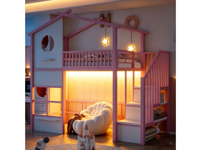  Lit mezzanine enfant 90 x 200 cm en métal, escalier avec rangement, garde-corps haut et éclairage led, rose evarich - Conforama E