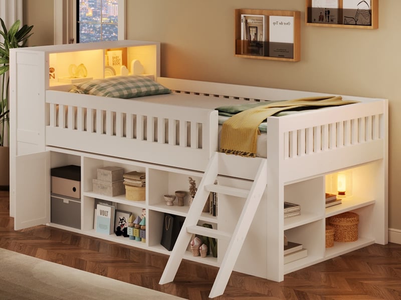  Lit mezzanine bas, 120 x 200 cm, avec éclairage led et rangements, cadre de lit en bois, blanc  - Conforama B