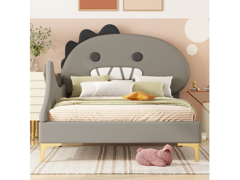  Lit enfant 90x200 cm gris en pu et mdf forme dinosaure  - Conforama D