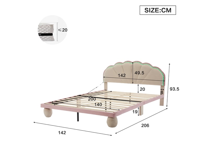 Lit rembourré 140 x 200 cm en velours beige et rose avec led Fay Lum - Conforama C