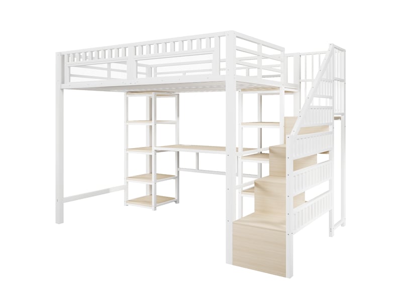 Lit mezzanine métal blanc 140x200 cm avec bureau led usb rangement échelle - Conforama E