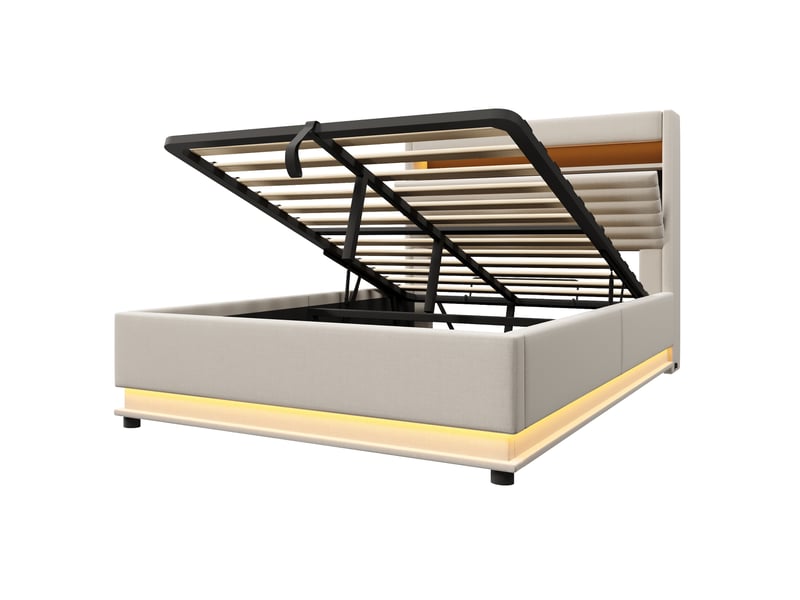  Lit coffre 140x200 cm, lit double, rangement hydraulique, led, usb et usb-c, lin beige  - Conforama B