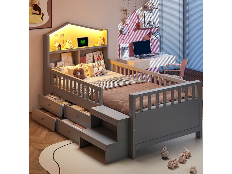  Lit enfant 90x200 cm avec rangements et éclairage led en bois gris  - Conforama B