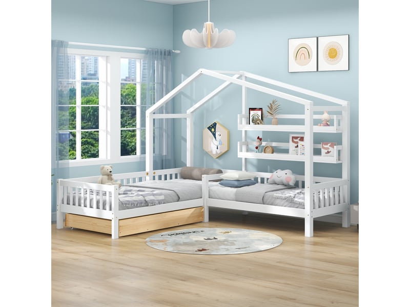  Lit cabane enfant 90x200 cm+140x70 cm avec tiroirs et étagères, bois massif avec barrière et sommier a lattes, structure en l, blanc  - Conforama C