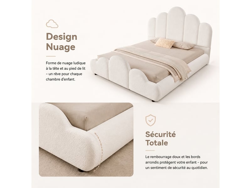  Lit enfant 140x200 capitonné beige tissu bouclette doux - design nuage avec bords arrondis sécurisés  - Conforama D