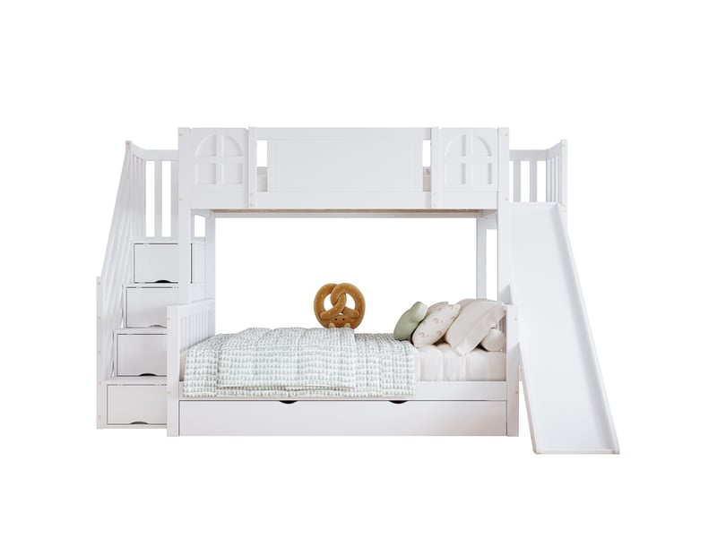  Lit superposé 90x200120x200 cm avec toboggan, lit enfant avec escalier de rangement et tiroir gigogne, bois de pin massif et mdf, blanc  - Conforama A