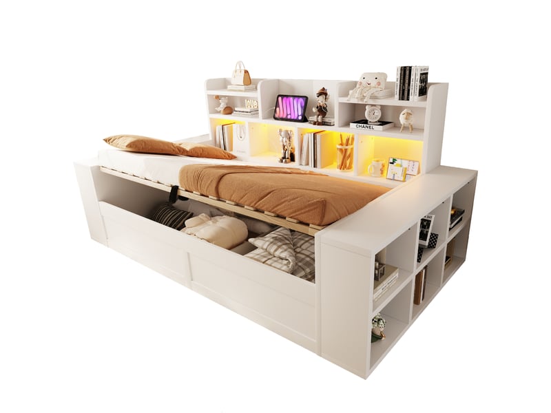 Canapé-lit multifonctionnel 90x200 cm avec rangement hydraulique, led et prises, mdf, blanc sans matelas  - Conforama A